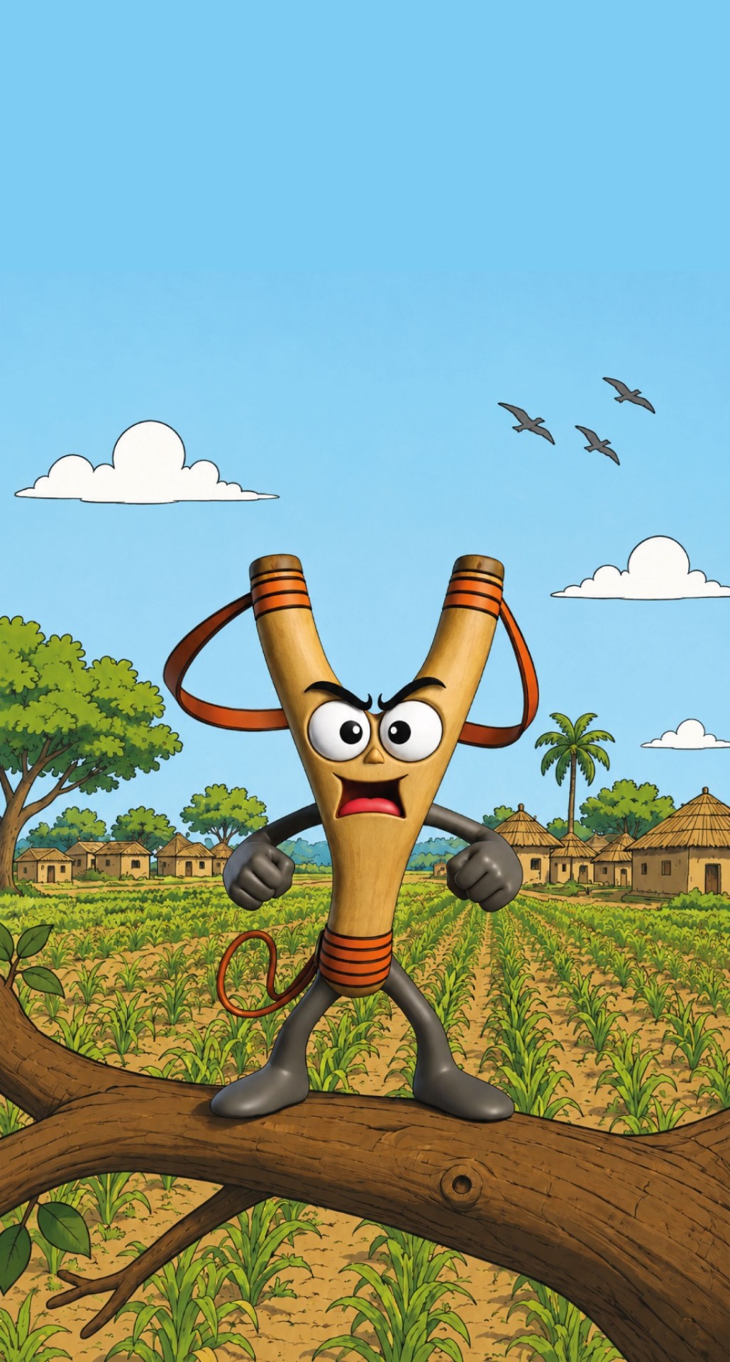 Dioogne, personnage animé en forme de lance-pierre, dans un paysage rural sénégalais.